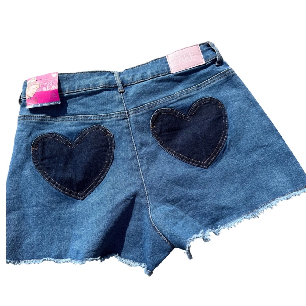 Paris Hilton heart y2k retro mid-rise Denim Shorts Frayed Raw Hem Blue NWT Large